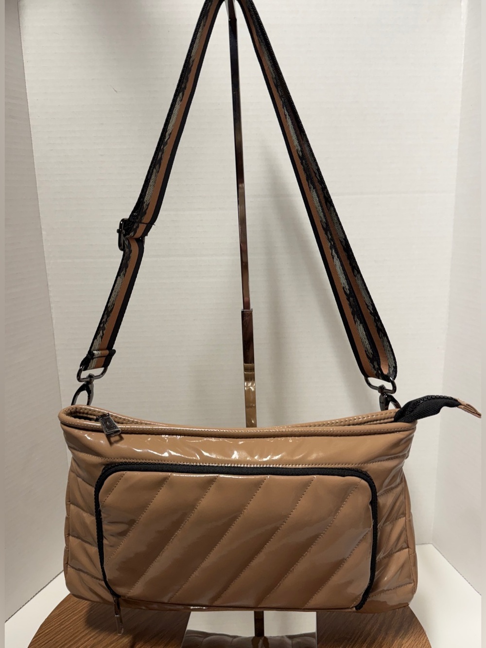Think Royln Bank Street XL Nude Patent Leather Finish Quilted Crossbody Bag